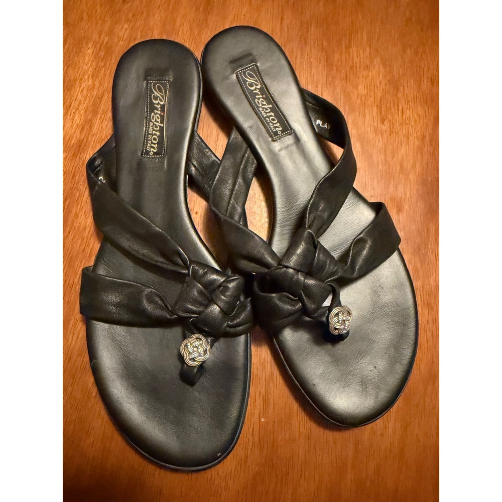 Brighton Play Black Leather Knotted Thong Sandals Silver Scroll Italy 8.5M